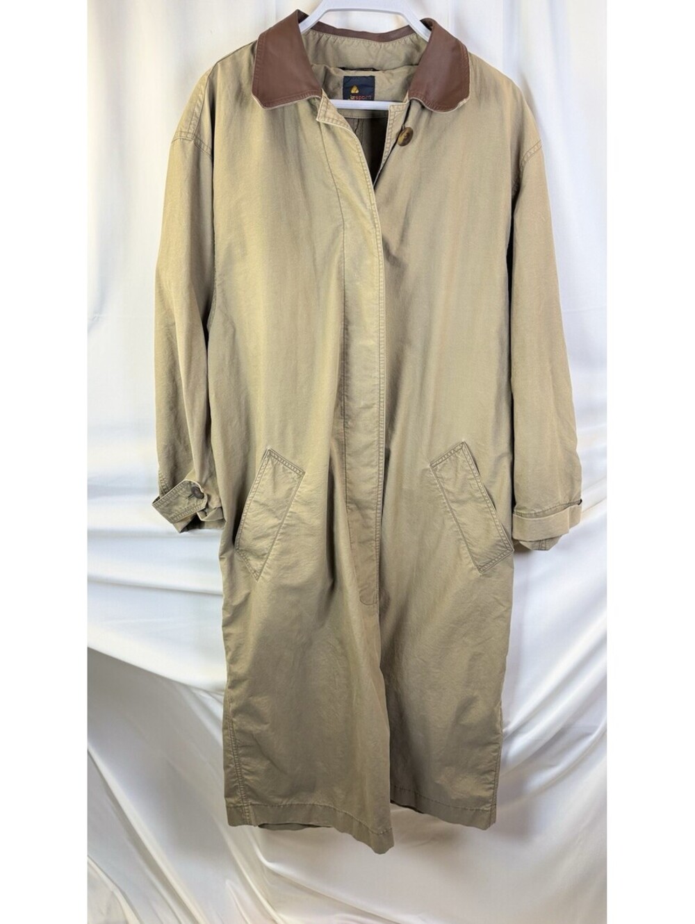 Lizsport Khaki Duster Coat Faux Suede Collar Size XL Classic Vintage